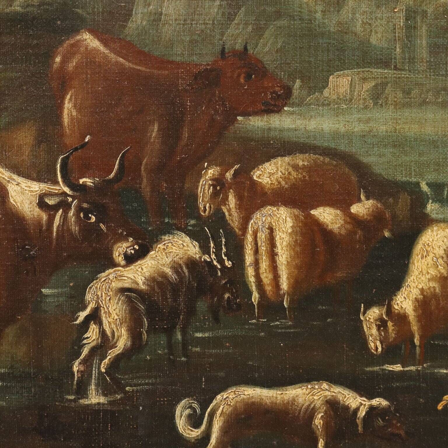 Ancient painting of a landscape with shepherds and herds, 18th century.
