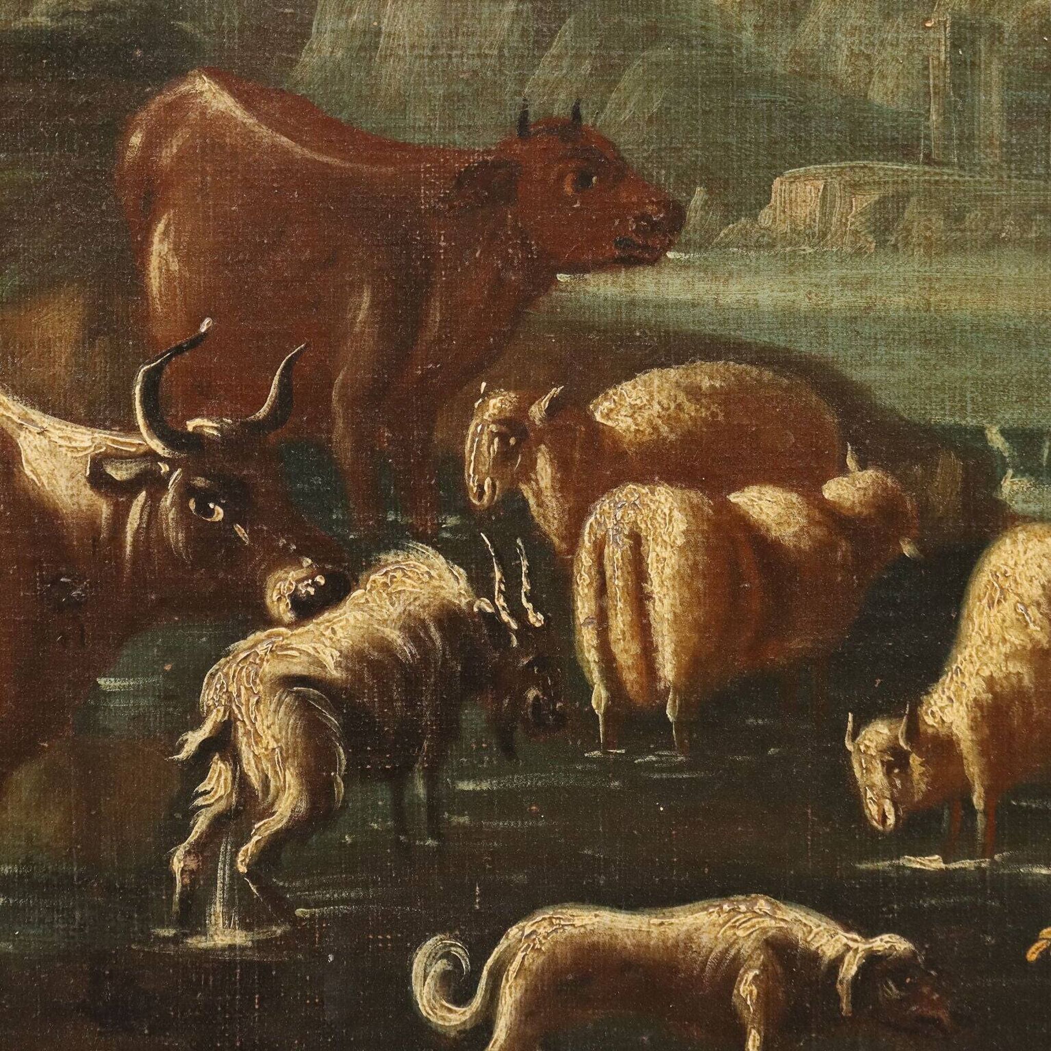 Ancient painting of a landscape with shepherds and herds, 18th century.