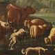 Ancient painting of a landscape with shepherds and herds, 18th century.