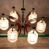 Glass, wood, brass and black lacquered metal chandelier, Italy, 1950