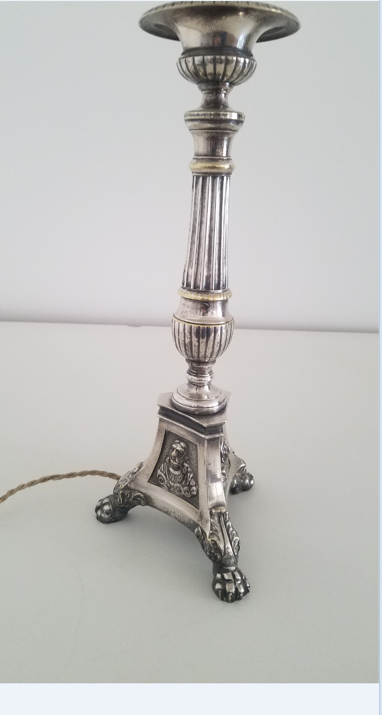 Silver metal lamp, old nineteenth electrified candle refurbished.