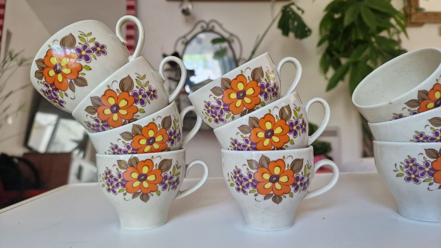 Lot of 10 vintage porcelain cups from Winterling Bavaria with orange flowers from the 70s.
