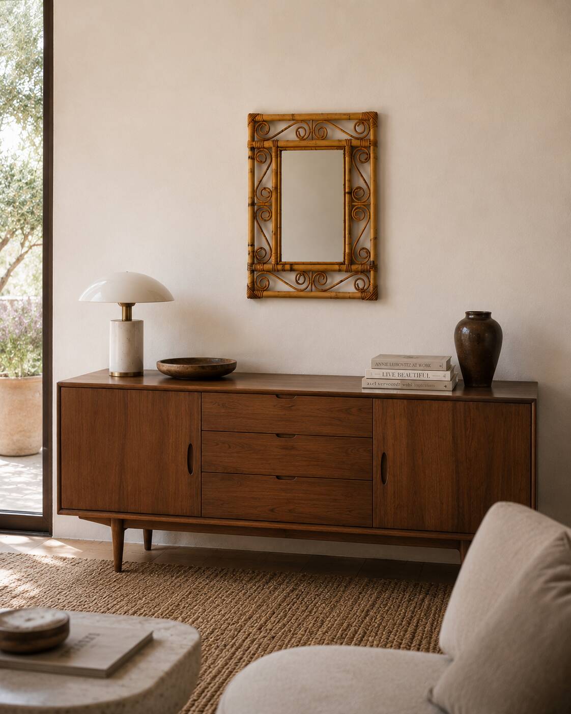 Vintage 1970s Spanish Handmade Bamboo and Rattan Wall Mirror