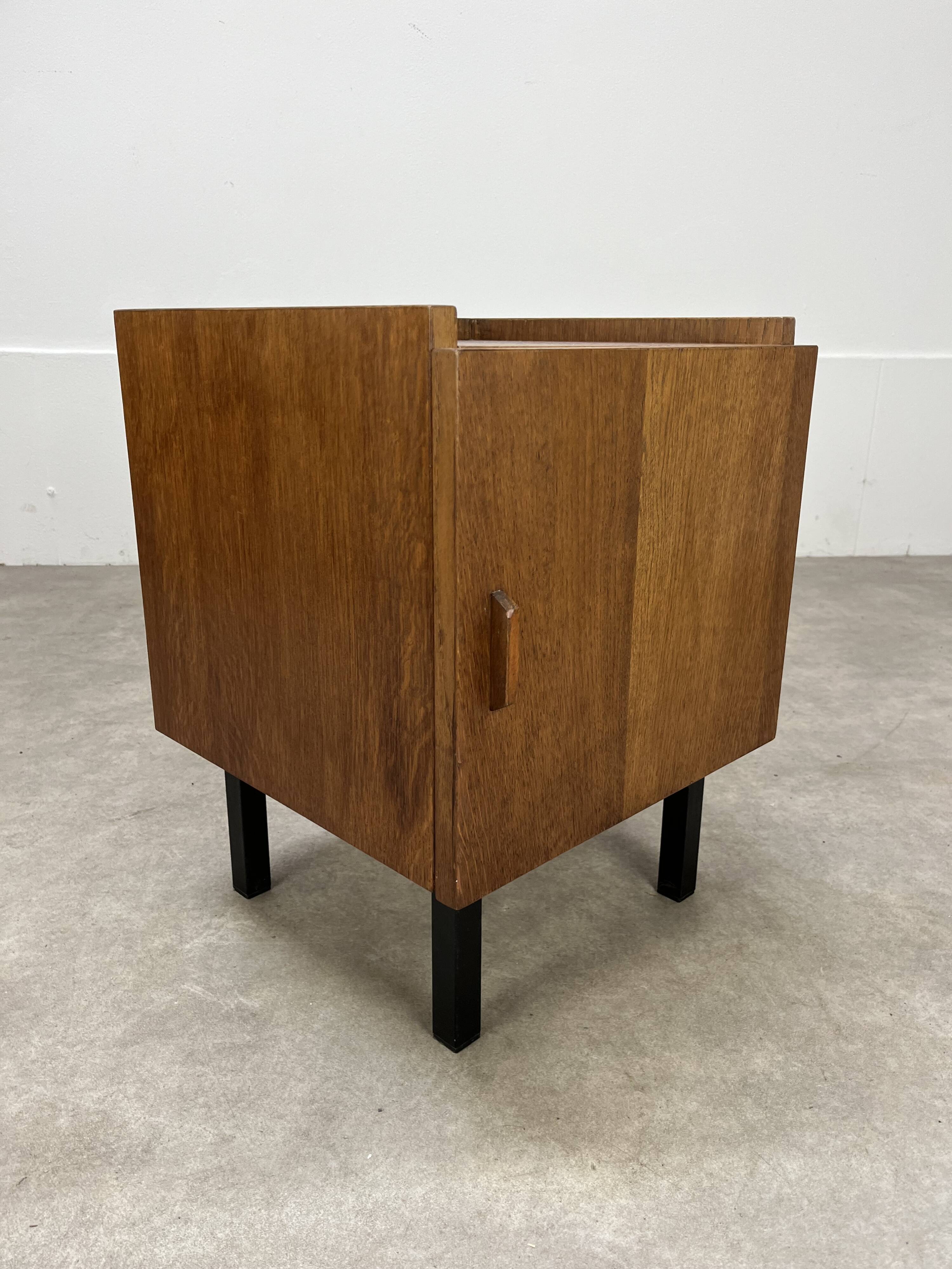 1950s modernist bedside table, wood and metal, vintage