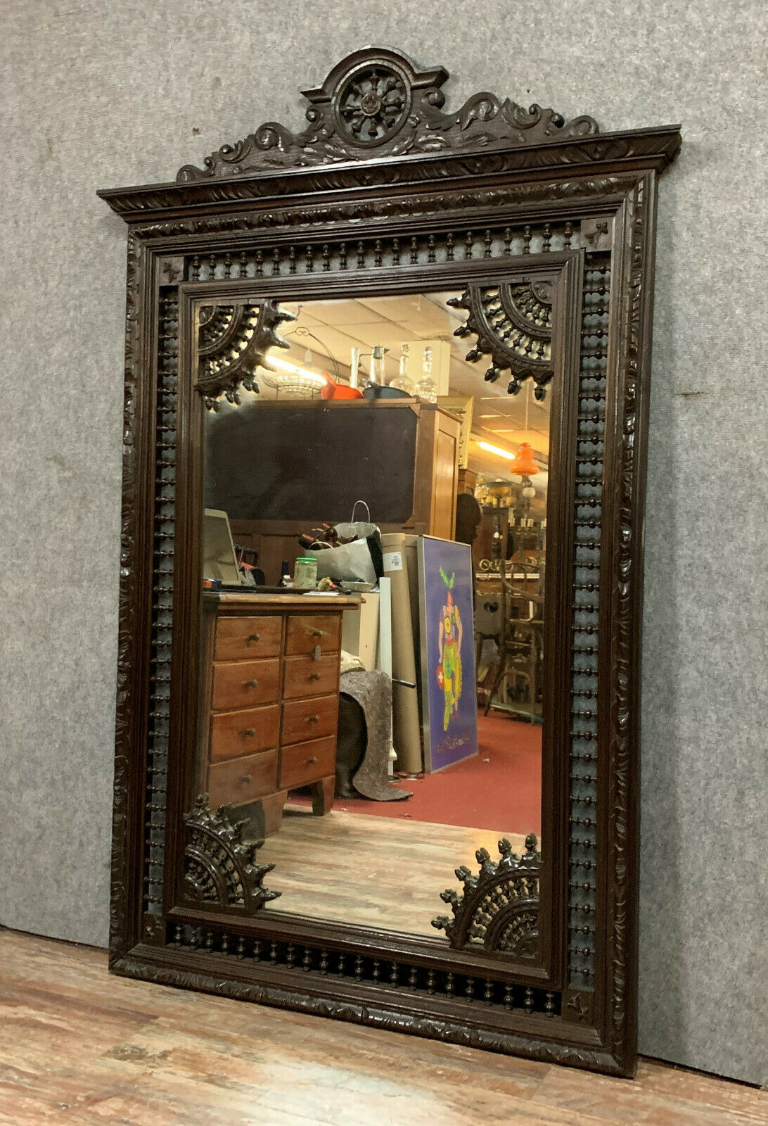 Breton Renaissance style mirror in solid oak with brown patina circa 1850