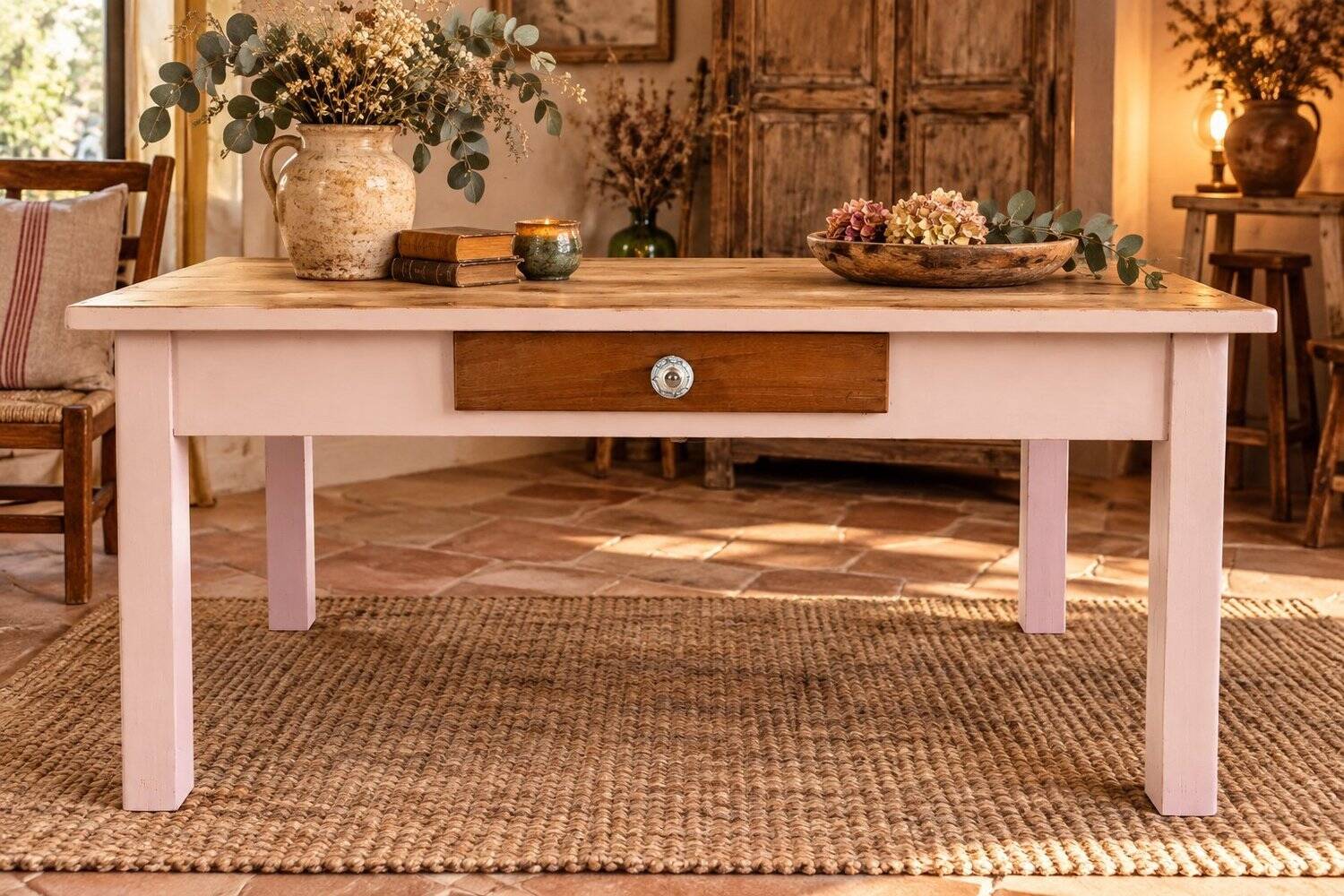 Chic country coffee table, pine wood, drawer with floral porcelain knob.