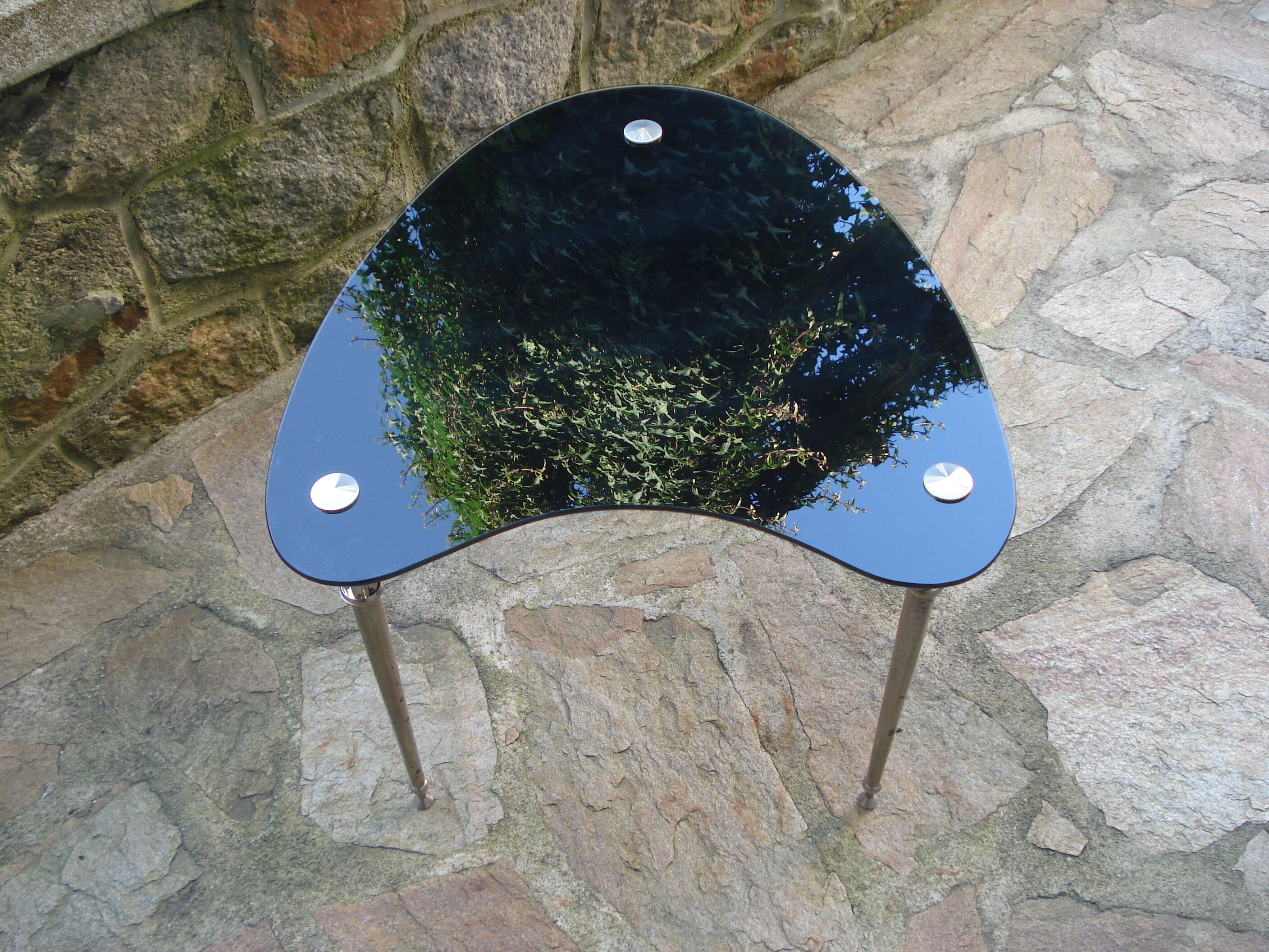 Side table black glass top and metal base