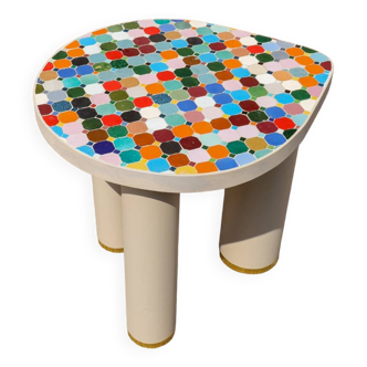 Side table in multi-colored Zellige design with tubular brass legs