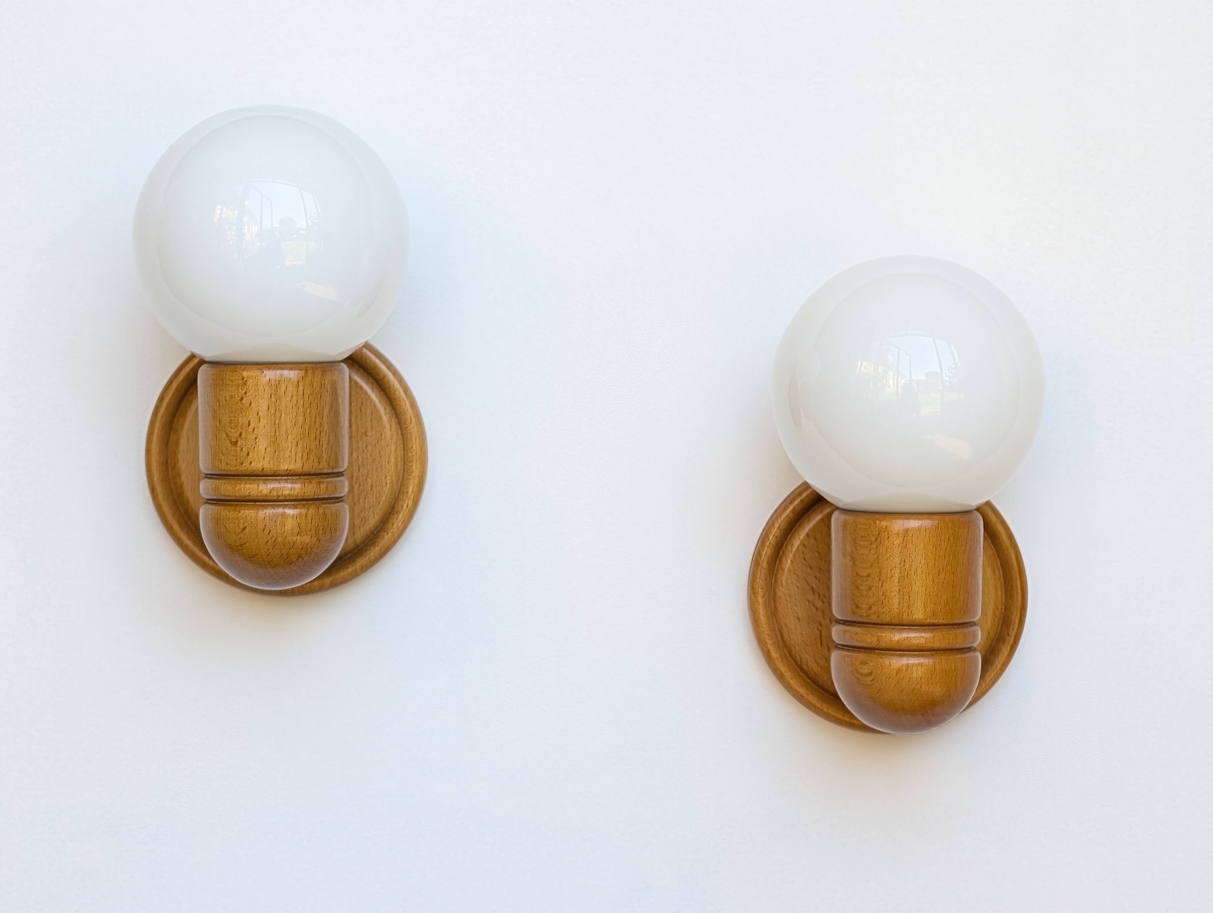 Pair of pine and opaline wall lights