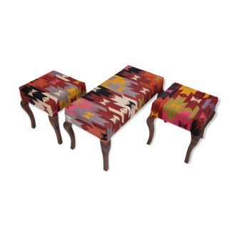 Set Of 3 Turkish Kilim Bench, Kilim Bench Upholstered With Vintage Turkish Kilim Rug, Ottoman Footst