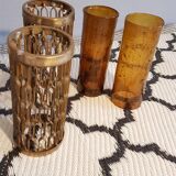 Photophores moucharabieh style candlesticks in brass and orange bubbled glass