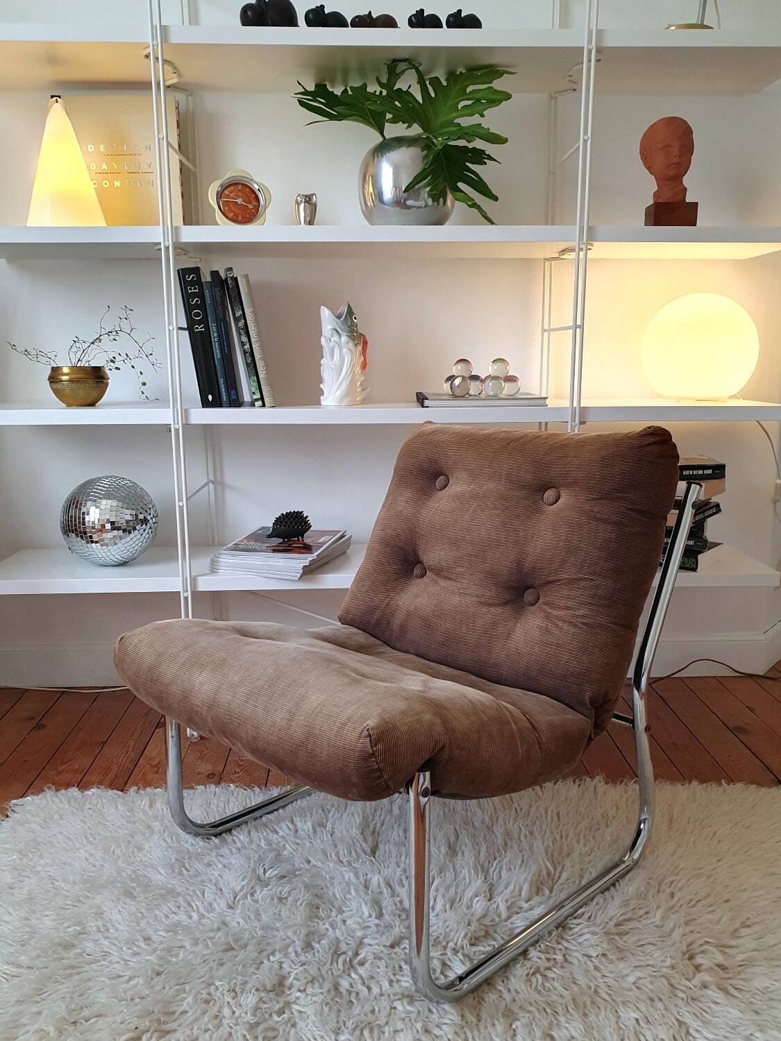 Vintage tubular chrome and velvet armchair
