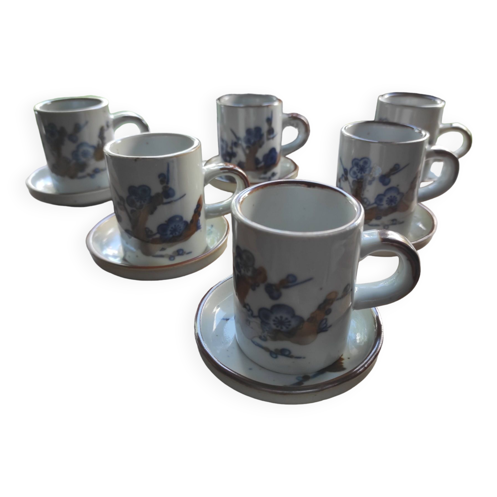 Set of 6 French stoneware coffee cups and 6 saucers