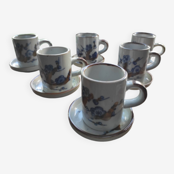 Set of 6 French stoneware coffee cups and 6 saucers