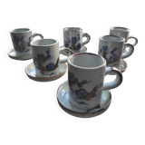 Set of 6 French stoneware coffee cups and 6 saucers