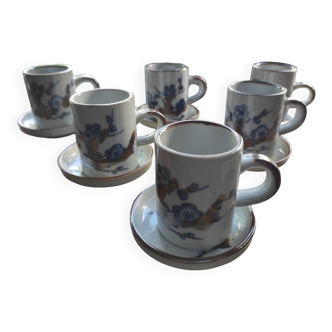 Set of 6 French stoneware coffee cups and 6 saucers