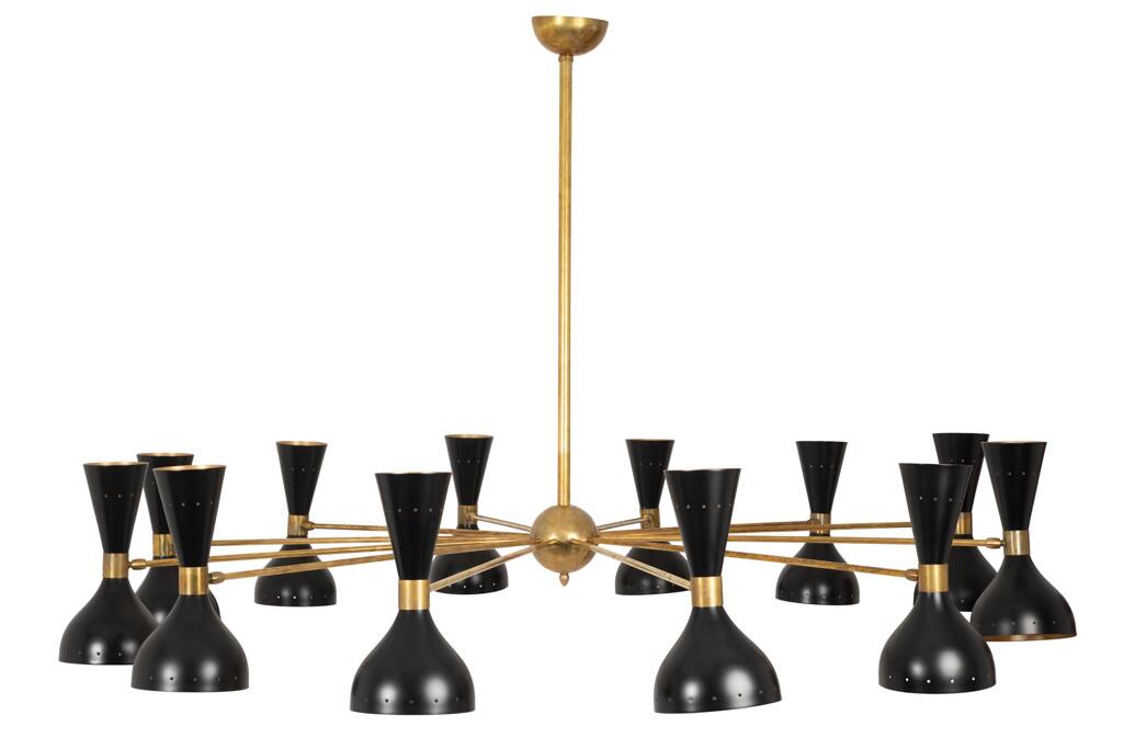 Diabolo chandelier in patinated and black lacquered brass. Contemporary.