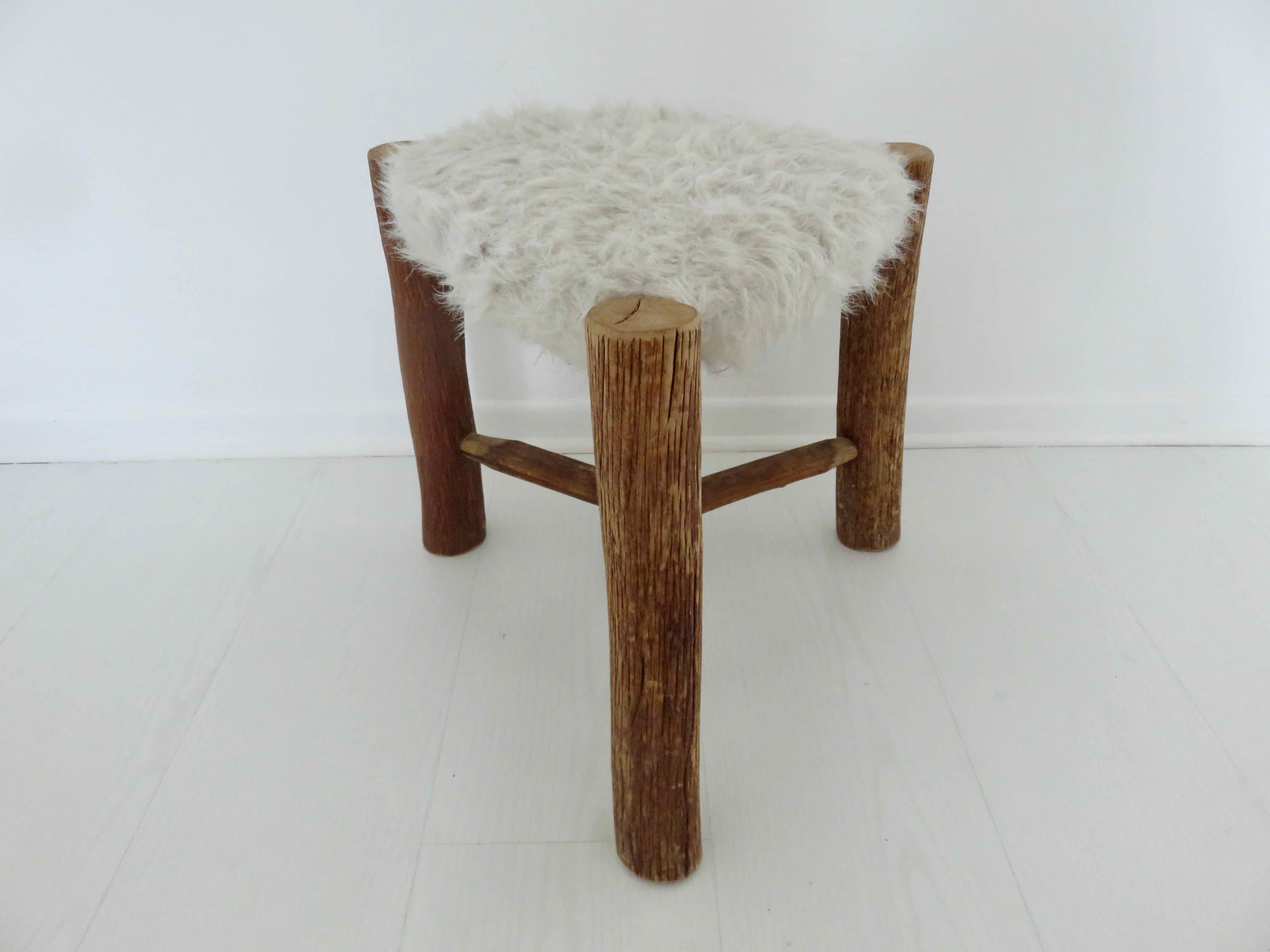 Scandinavian stool "mountain chalet" tripod wood, seat in vintage moumoute