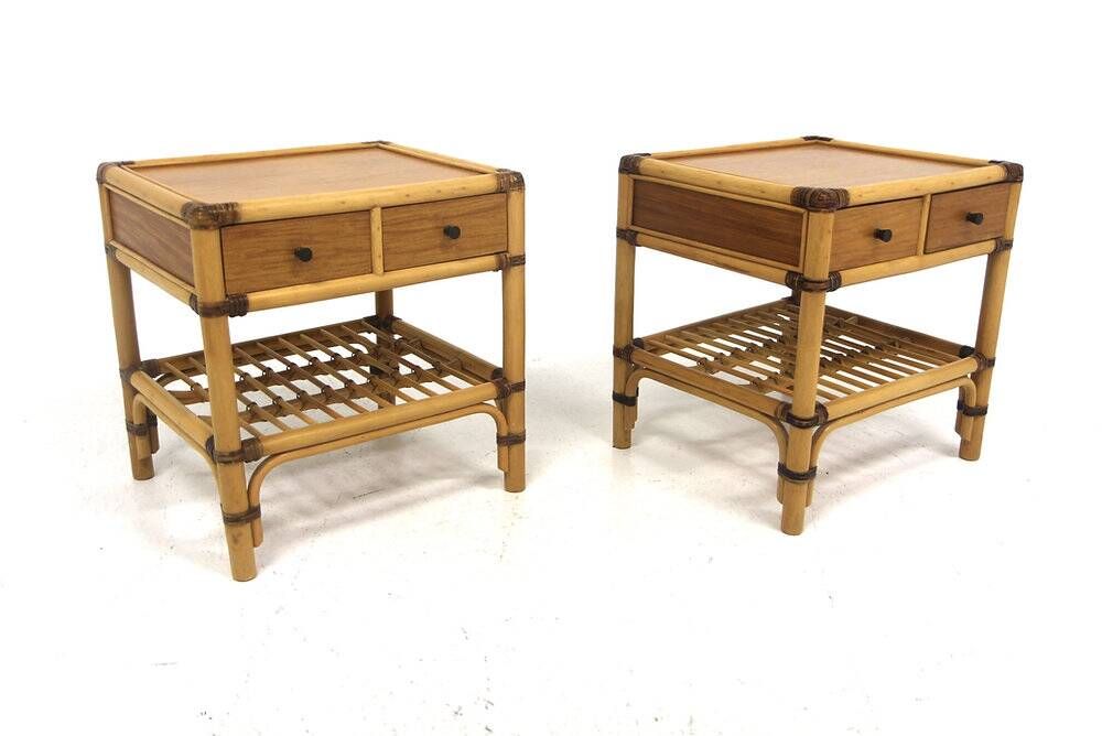 Set of 2 rattan bedside tables, Kenneth Bergenblad, Dux, Sweden, 1960.