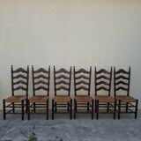 Set of 6 high-backed straw-seated chairs in solid oak from the early 1900s.