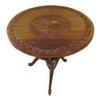 Carved African Hardwood Occasional Table with Geometric Top and Interlocking Legs