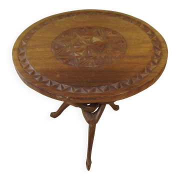 Carved African Hardwood Occasional Table with Geometric Top and Interlocking Legs