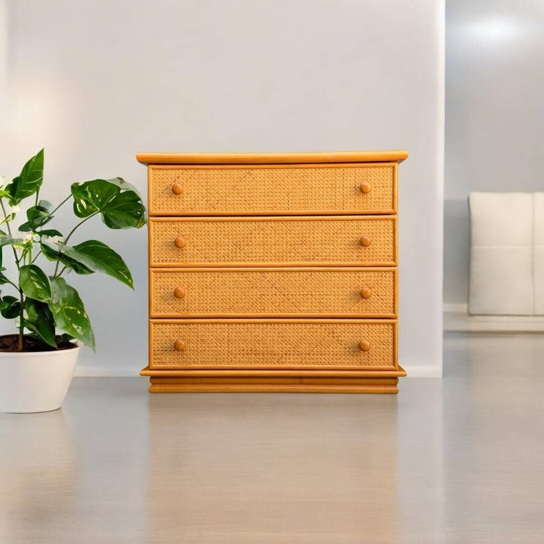 Chest of drawers and bedside table in rattan cane and oak, vintage 1970s