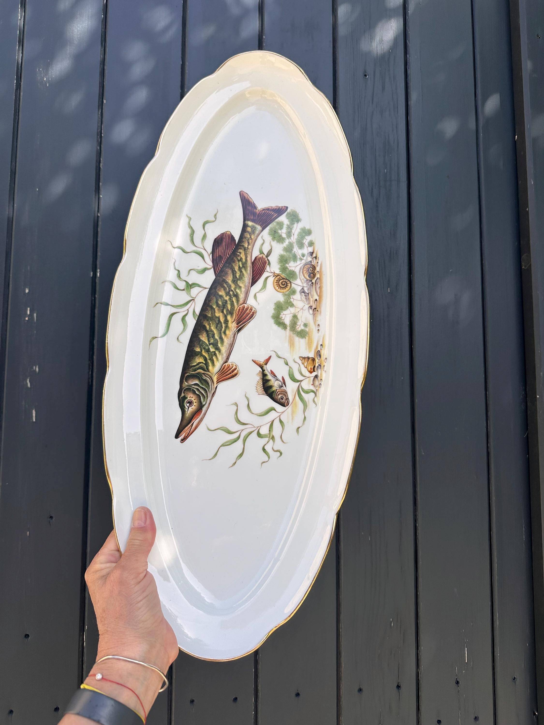 Large fish platter and its vintage porcelain sauce boat, decorated with pike.