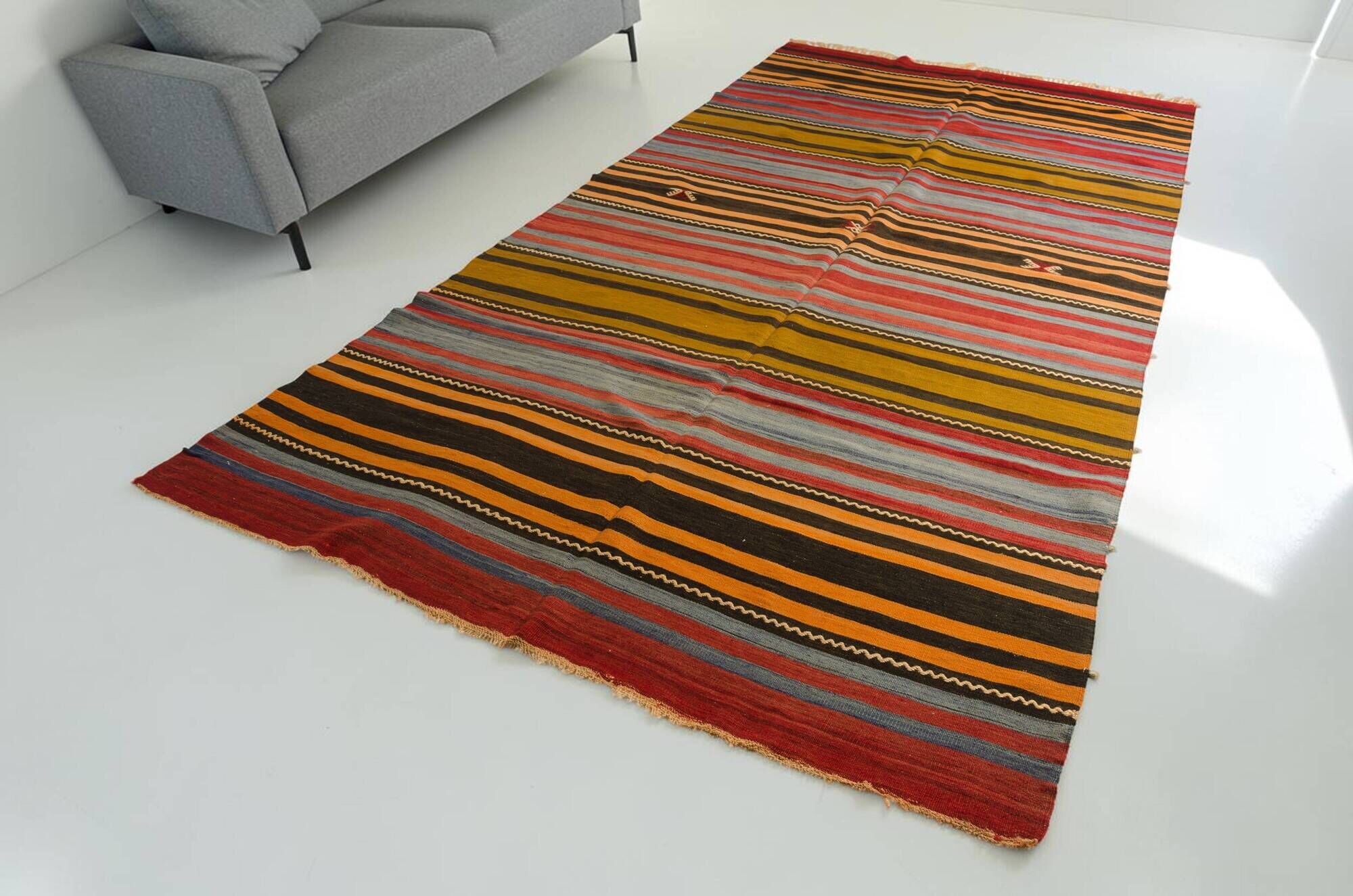 Large Vintage Striped Anatolian Hand-Woven Wool & Cotton Rugsku-135