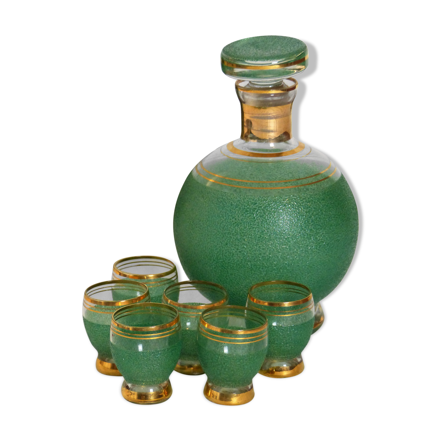 Green liqueur carafe and its 6 glasses