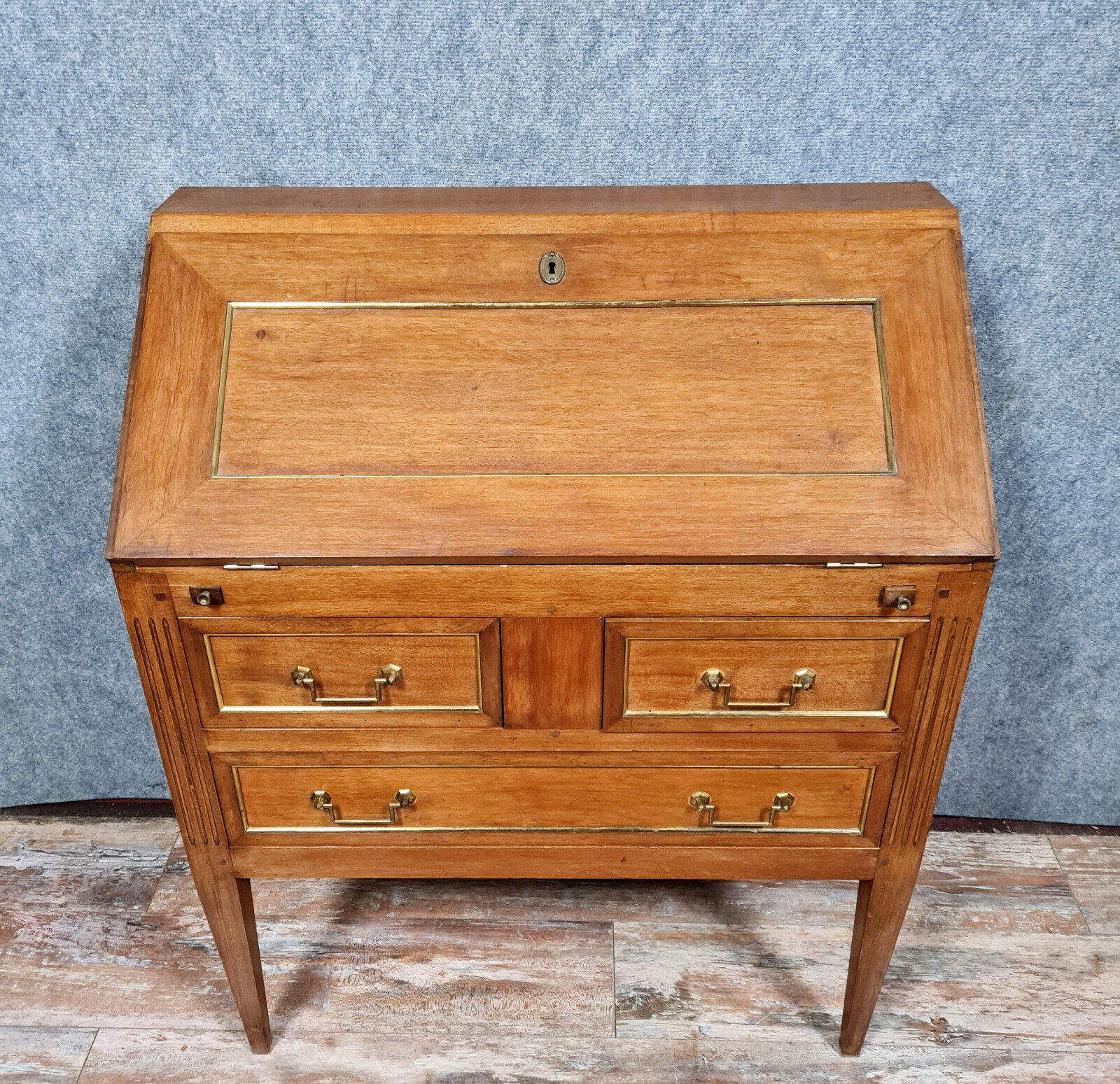 Louis XVI scriban desk in walnut and copper rushes circa 1900