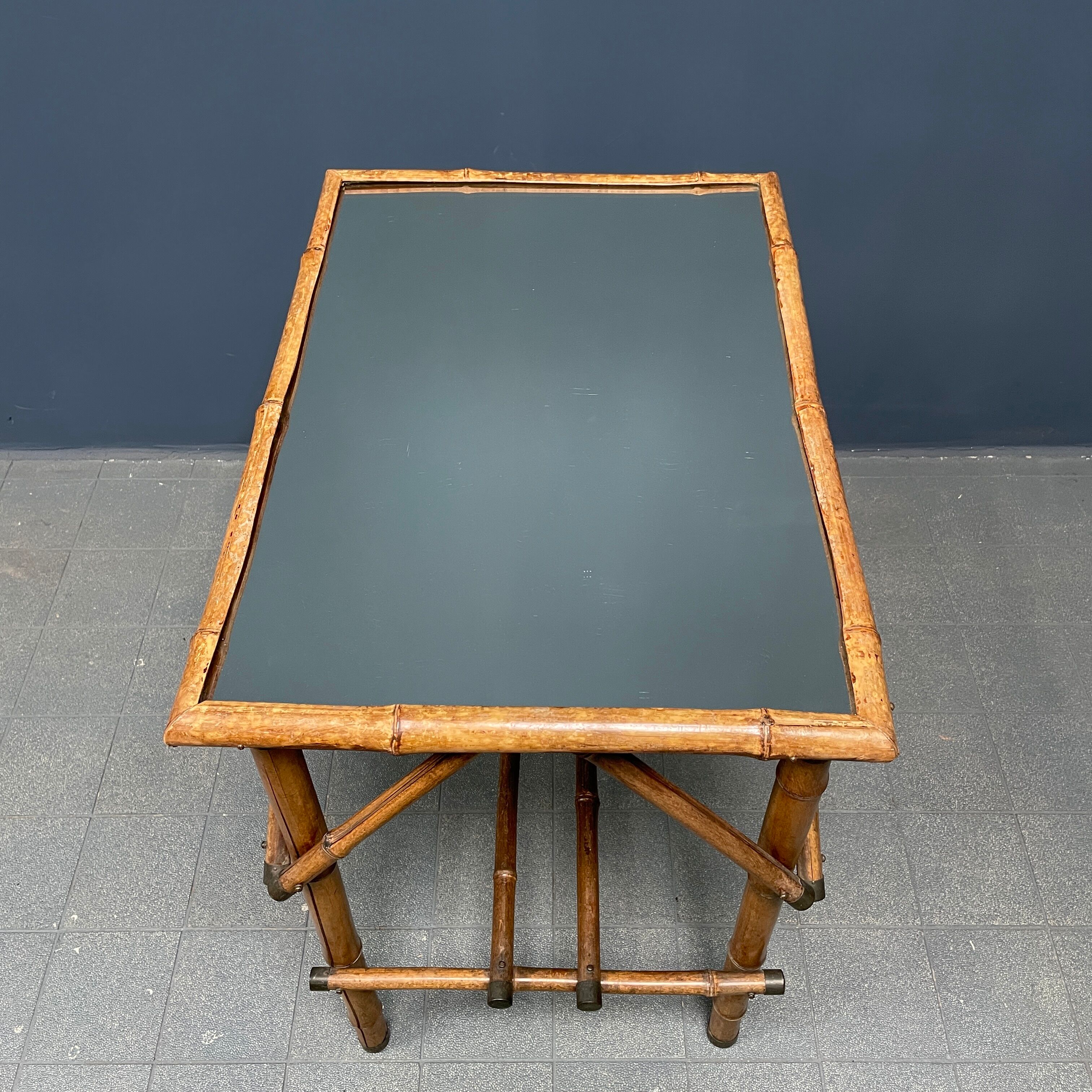 Bamboo side table with mirror top from France, 1940s