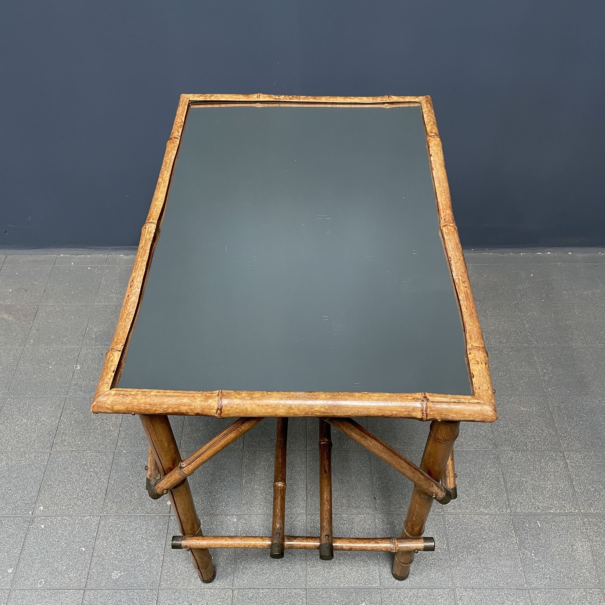 Bamboo side table with mirror top from France, 1940s