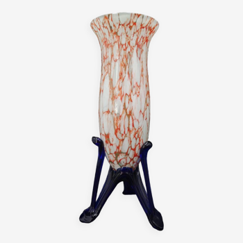 Tomschick Art Deco Czech Vase Glass rouge blanc éclaboussures verre pied bleu