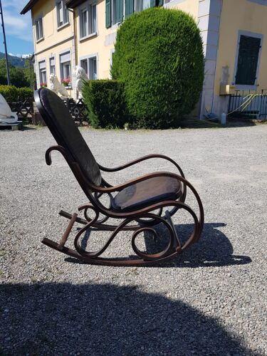 Rocking-chair vintage western bois et cuir marron
