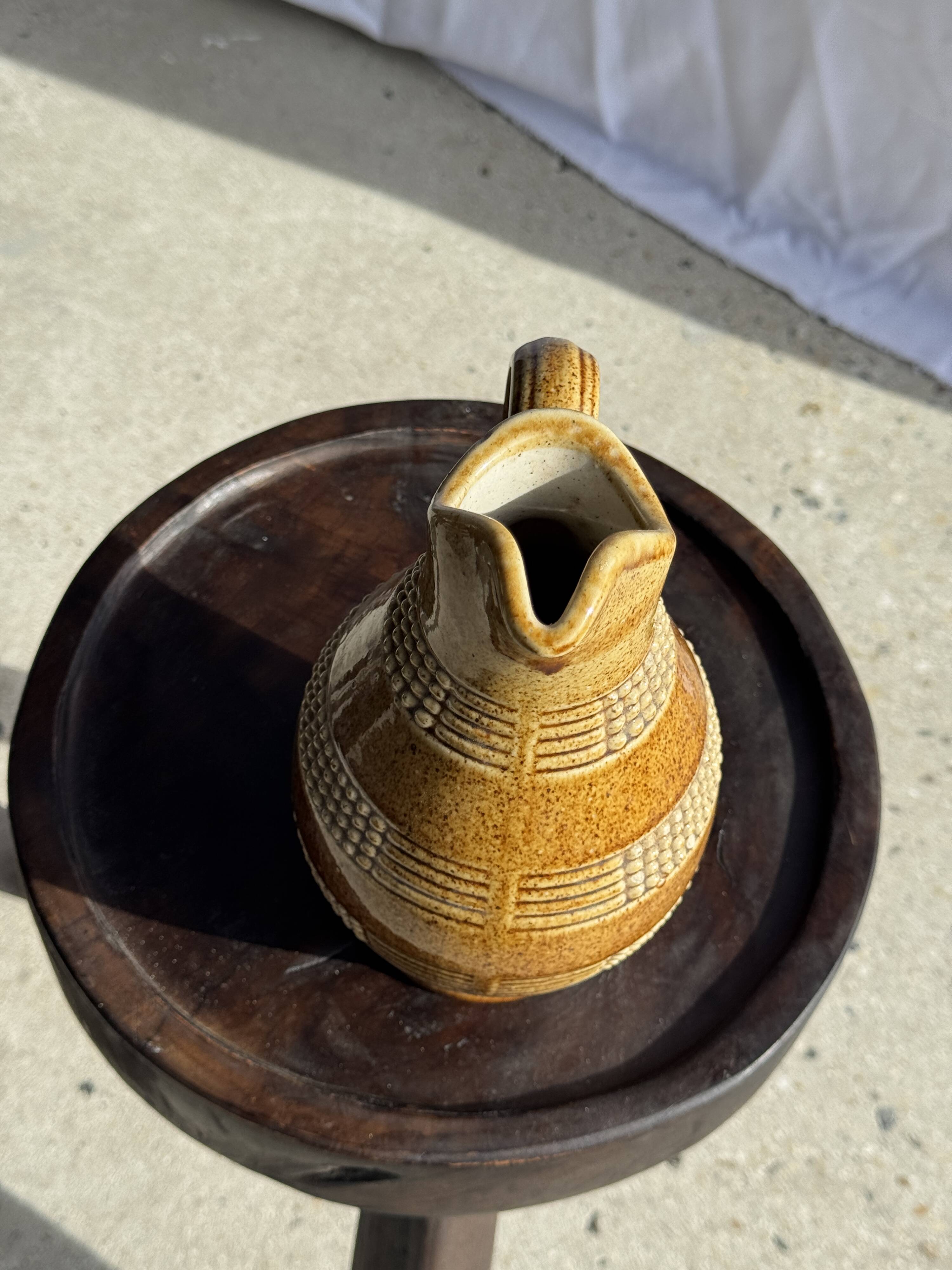 Vintage yellow stoneware carafe with beaded friezes Made in France H22