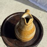 Vintage yellow stoneware carafe with beaded friezes Made in France H22