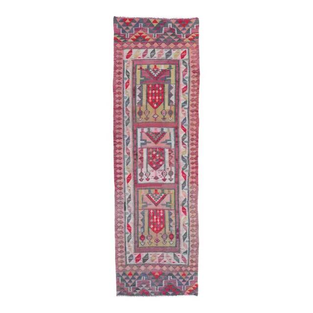 1970s Vintage Turkish Oushak Handmade Wool Cotton Pink Runner Rug 86x286