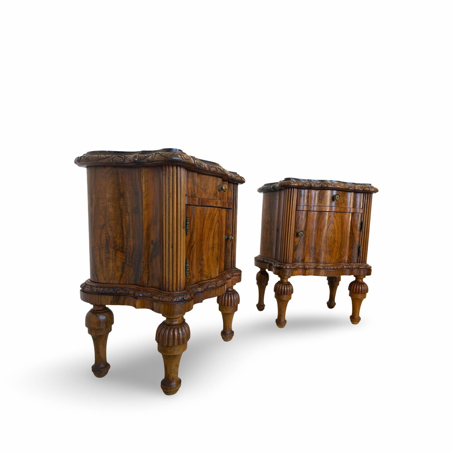 art deco walnut serpentine nightstands, 1920s