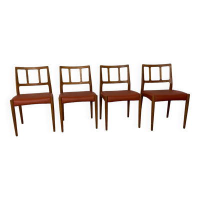Chaises de salle à manger danoises en teck et cuir du milieu du siècle par Johannes Andersen pour Uldum Møbelfabrik, années 1950, lot de 4