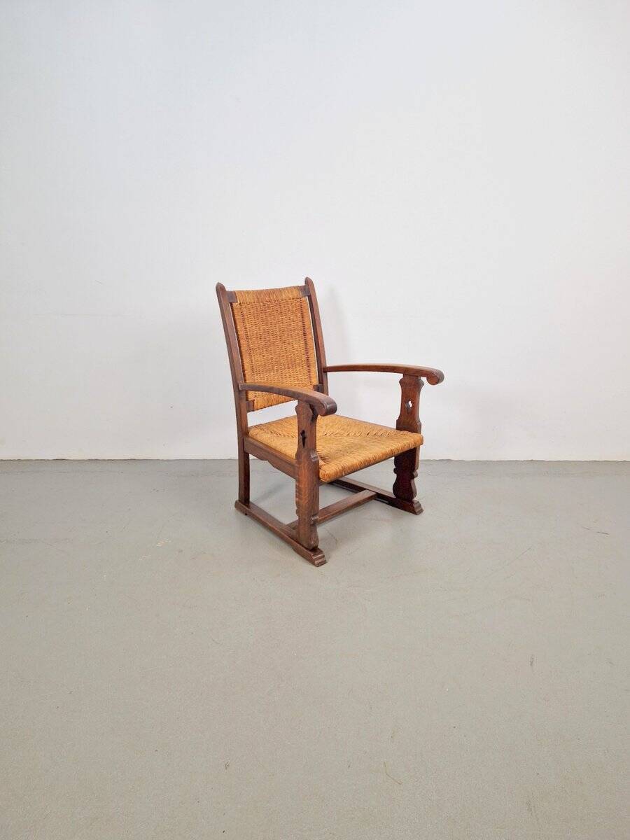 Modern Dutch Brutalist Armchair in Rush and Oak, 1950s