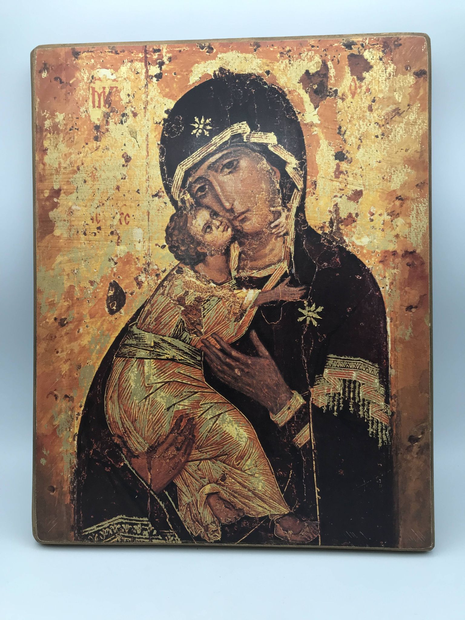 Religious ICON of the Virgin Vladimir Holy Theotokos on wooden support