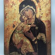 Religious ICON of the Virgin Vladimir Holy Theotokos on wooden support