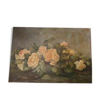 Oil On Ancient Canvas Bouquet De Roses