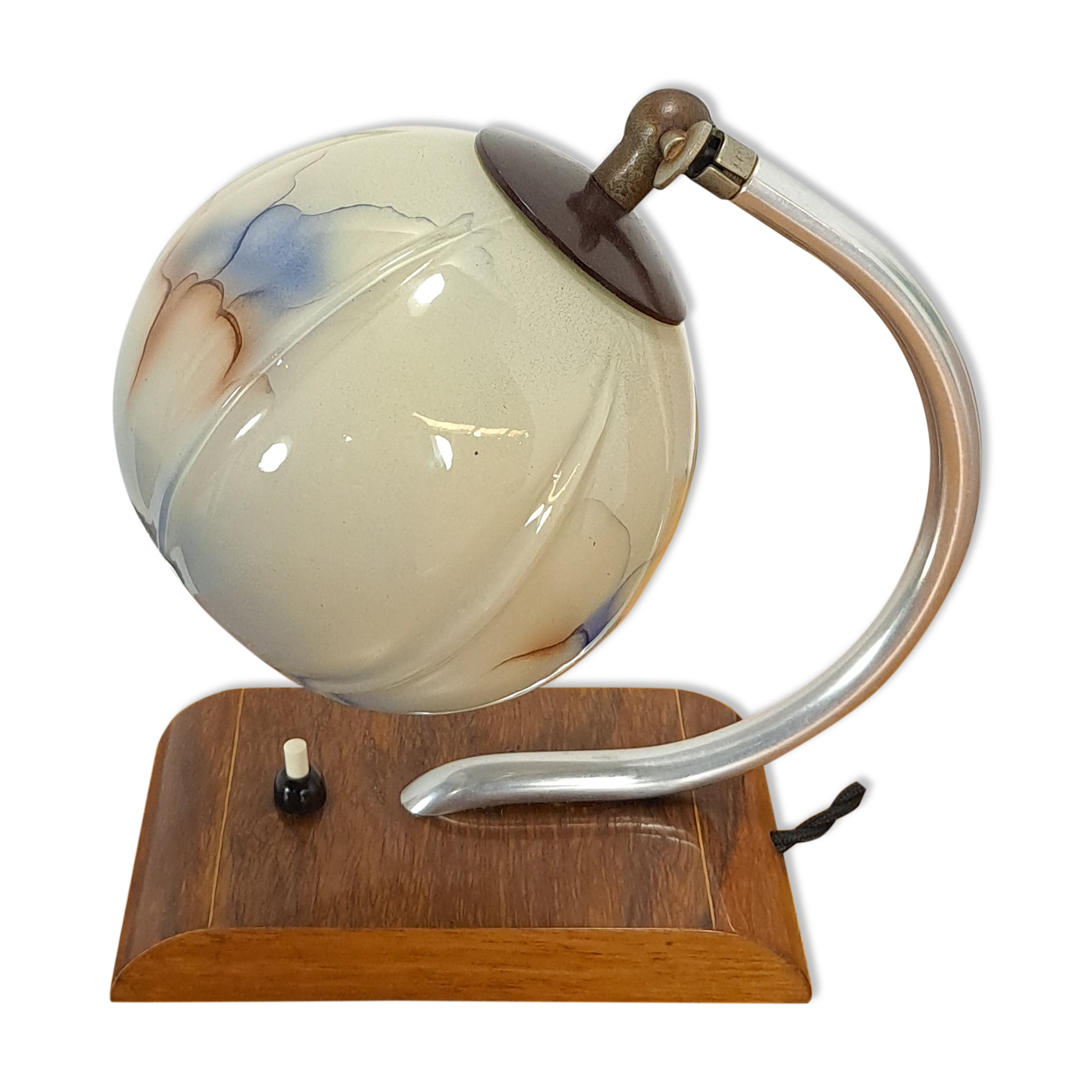 Table lamp with wooden base and glass shade with blue details vintage