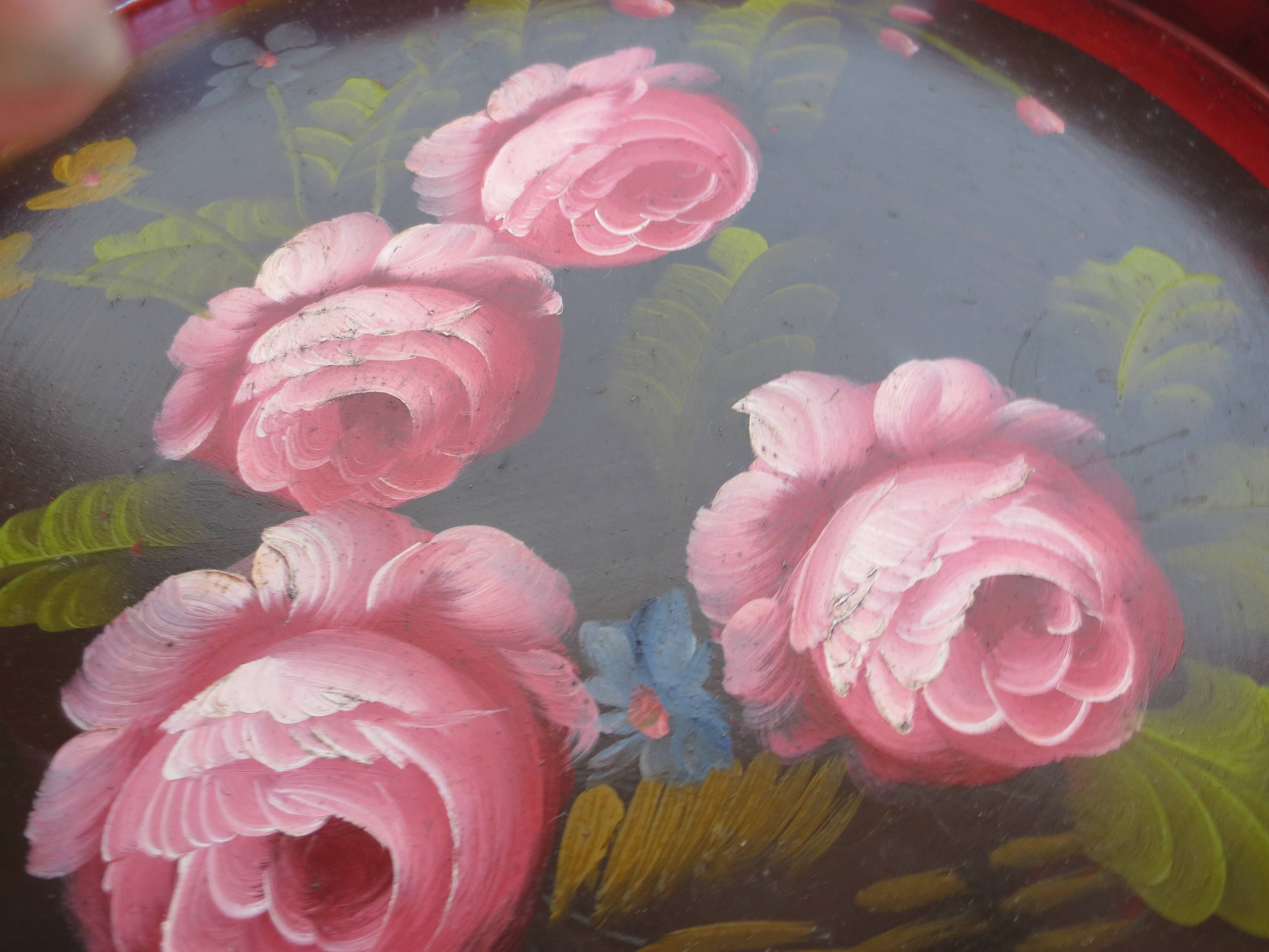 antique round wooden tray with rose decorations
