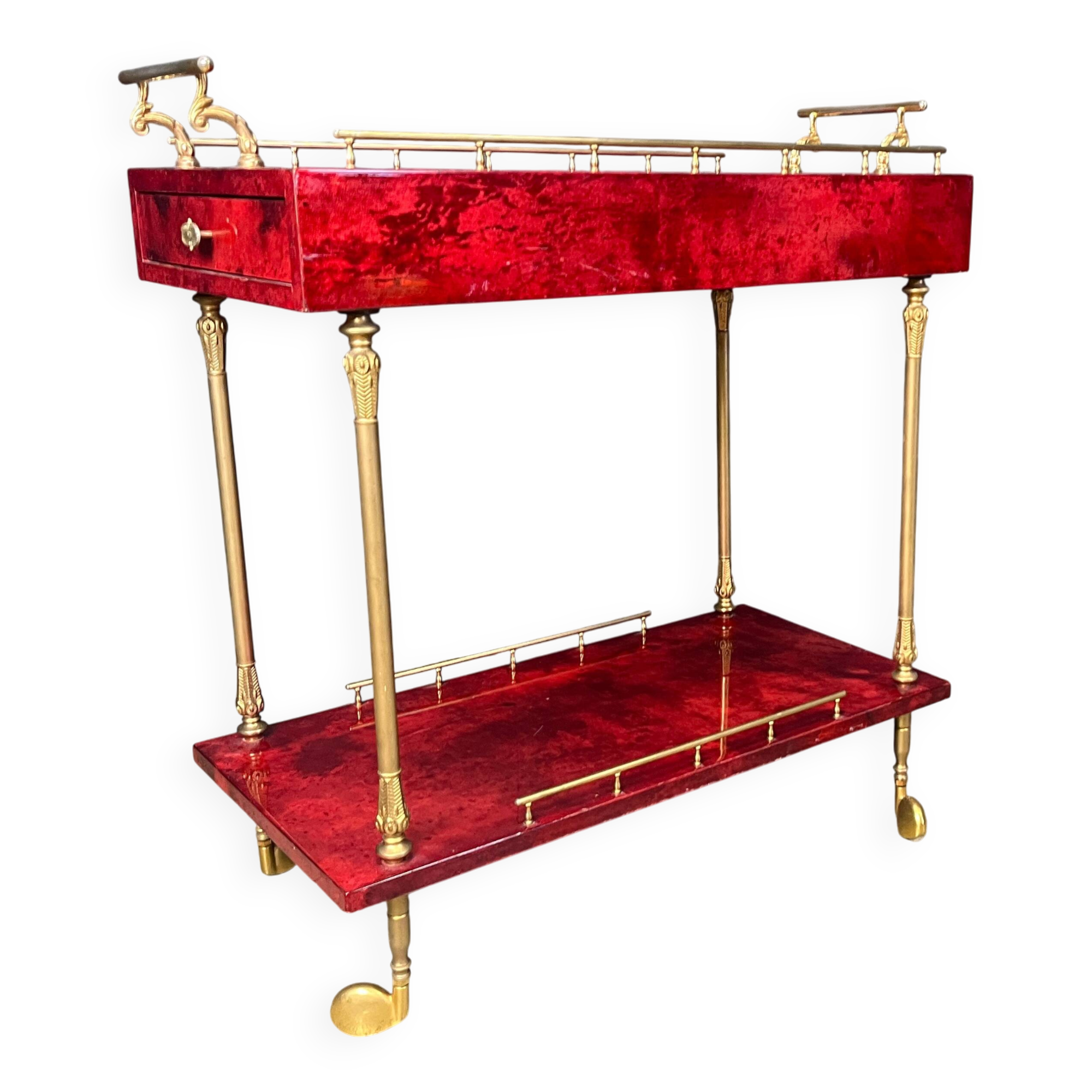 Rare Italian lacquered goatskin / parchment serving bar cart by Aldo Tura, 1960s