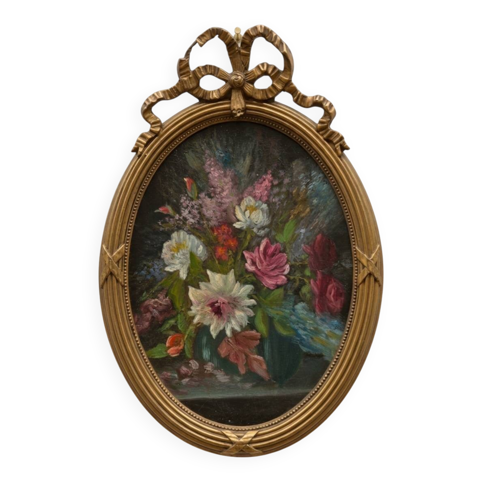 Oil Flower Painting - Oval Frame with Bow in Louis XVI Style - 1950