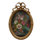 Tableau Fleurs à l'huile - Cadre Ovale à Nœud Style Louis XVI - 1950