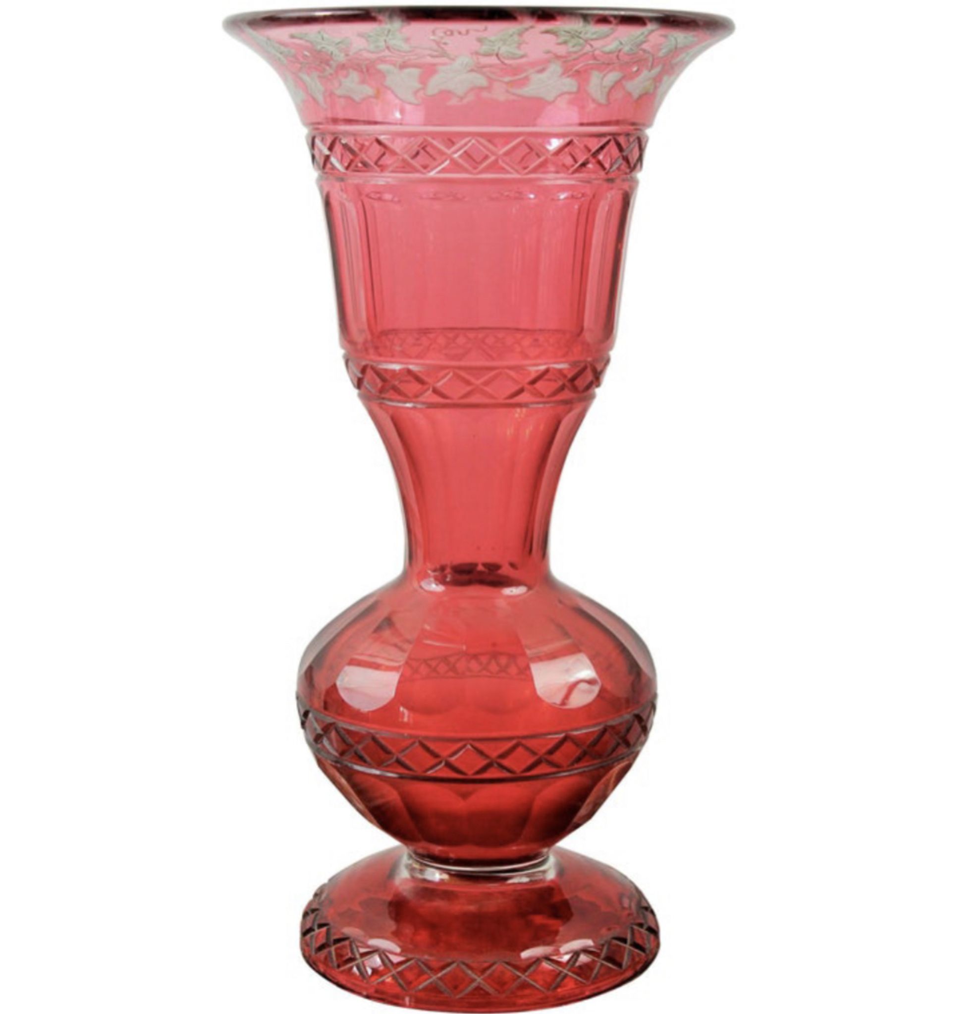 Bohemian red crystal vase decorated with vine leaves, 19th century